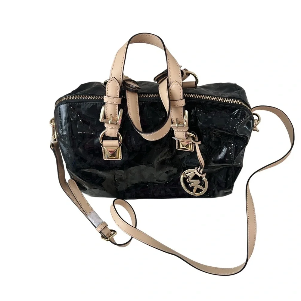 Michael Kors Grayson Black Patent Monogram Satchel Bag